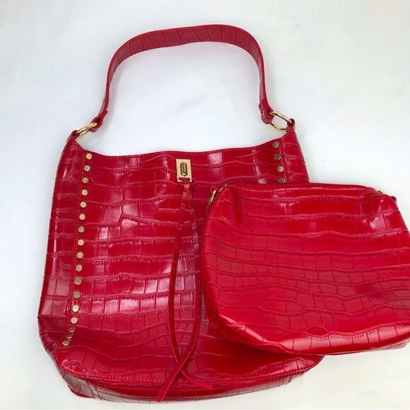 Kate & Mallory Red Studded Croc Embossed Faux Leather Shoulder Bag and Pouch - Picture 4 of 16